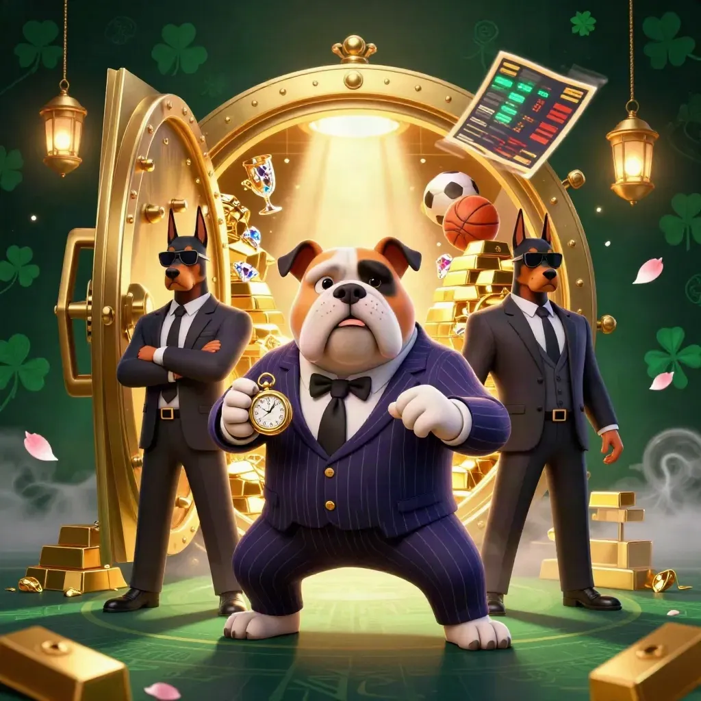 Bulldog boss and Doberman guards burst from a golden vault amid treasure, gems, and casino lights.