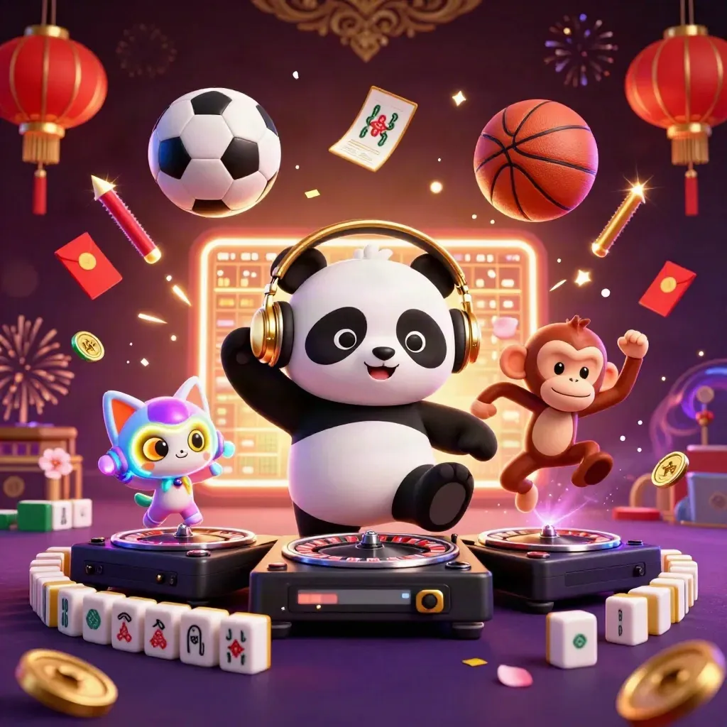 Rave panda, monkey, and kitten amid casino props, lanterns, coins, and fireworks.