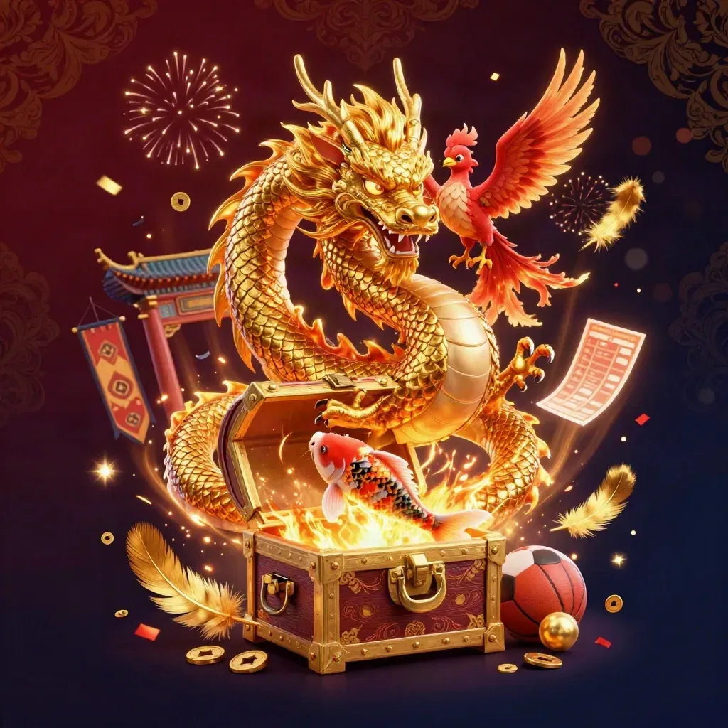 Golden dragon with phoenix and koi surging through treasure, coins, temple gate, and royal purple light.