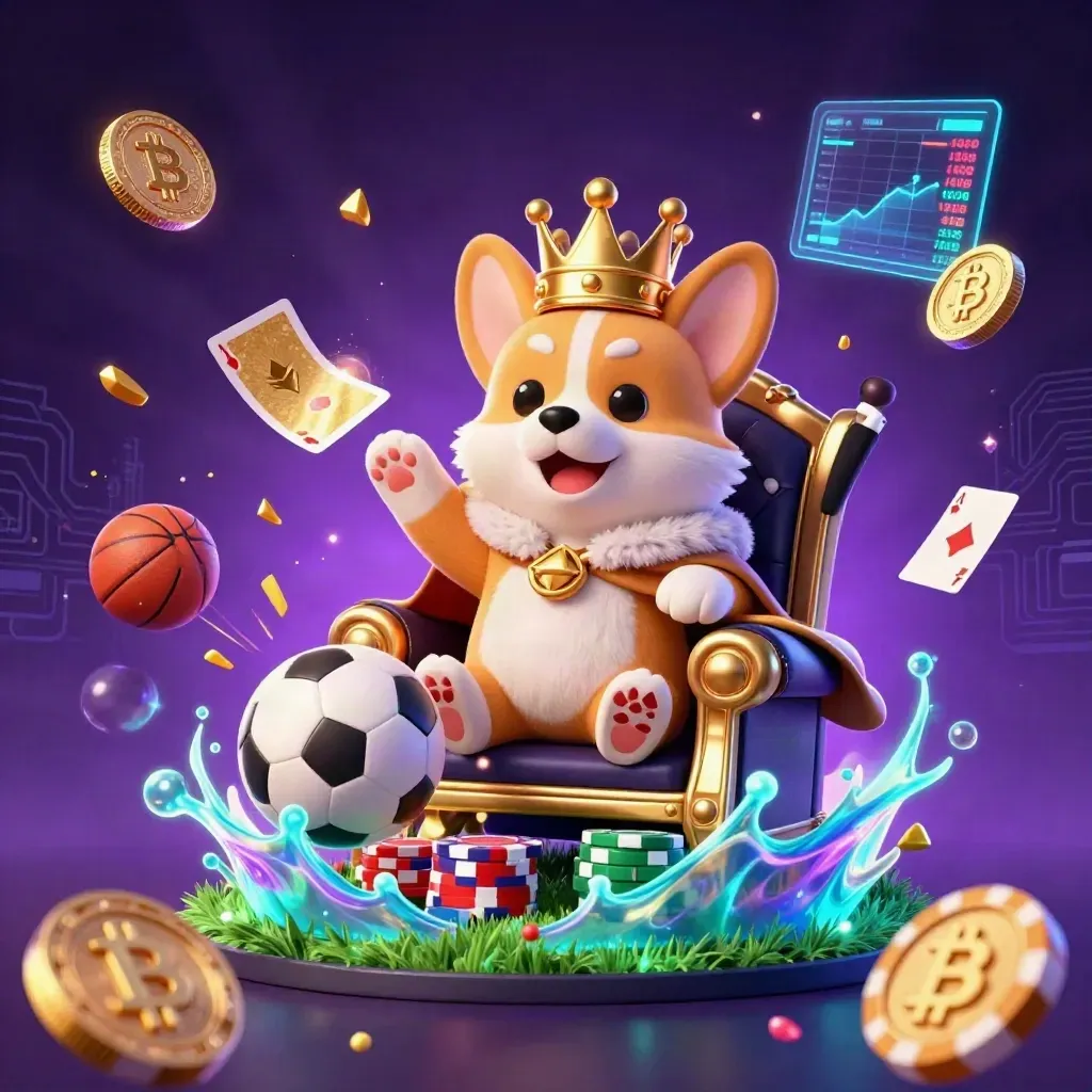 Crowned corgi and cat butler amid flying sports balls, chips, neon coins, and purple-gold light.