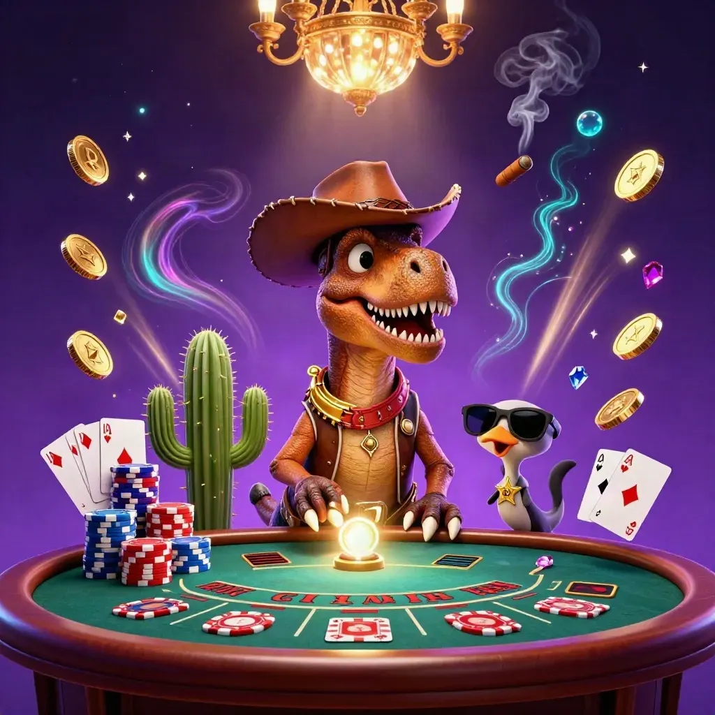 Cowboy T-Rex trio amid a spinning roulette wheel, gold coins, and glowing casino light.