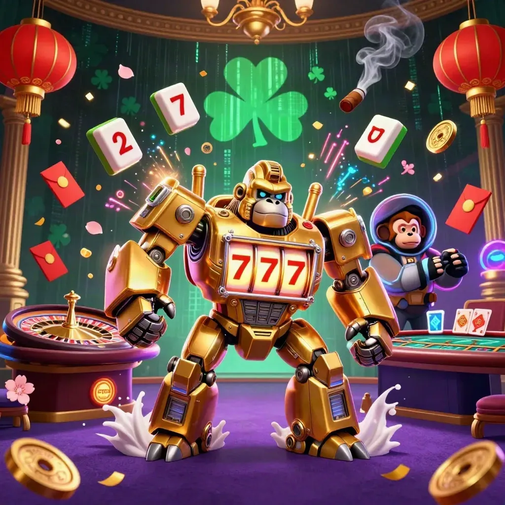 Golden gorilla mech and tiny monkey pilot in a luxe casino storm of lanterns, coins, and neon energy.