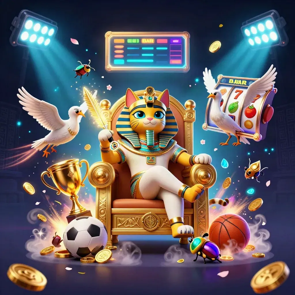 Pharaoh cat throne scene with ibis scribe, gem-wing scarabs, sports balls, coins and glowing casino energy.