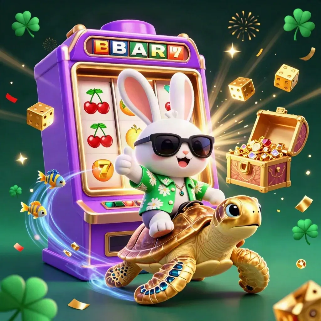 Lucky rabbit rides a gem-shelled turtle as casino loot bursts in an emerald-gold splash.