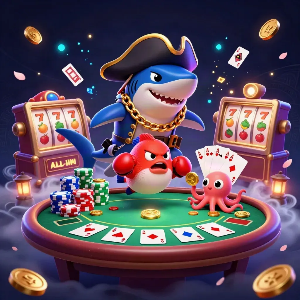 Pirate shark, boxing pufferfish, and coin-juggling octopus amid casino loot