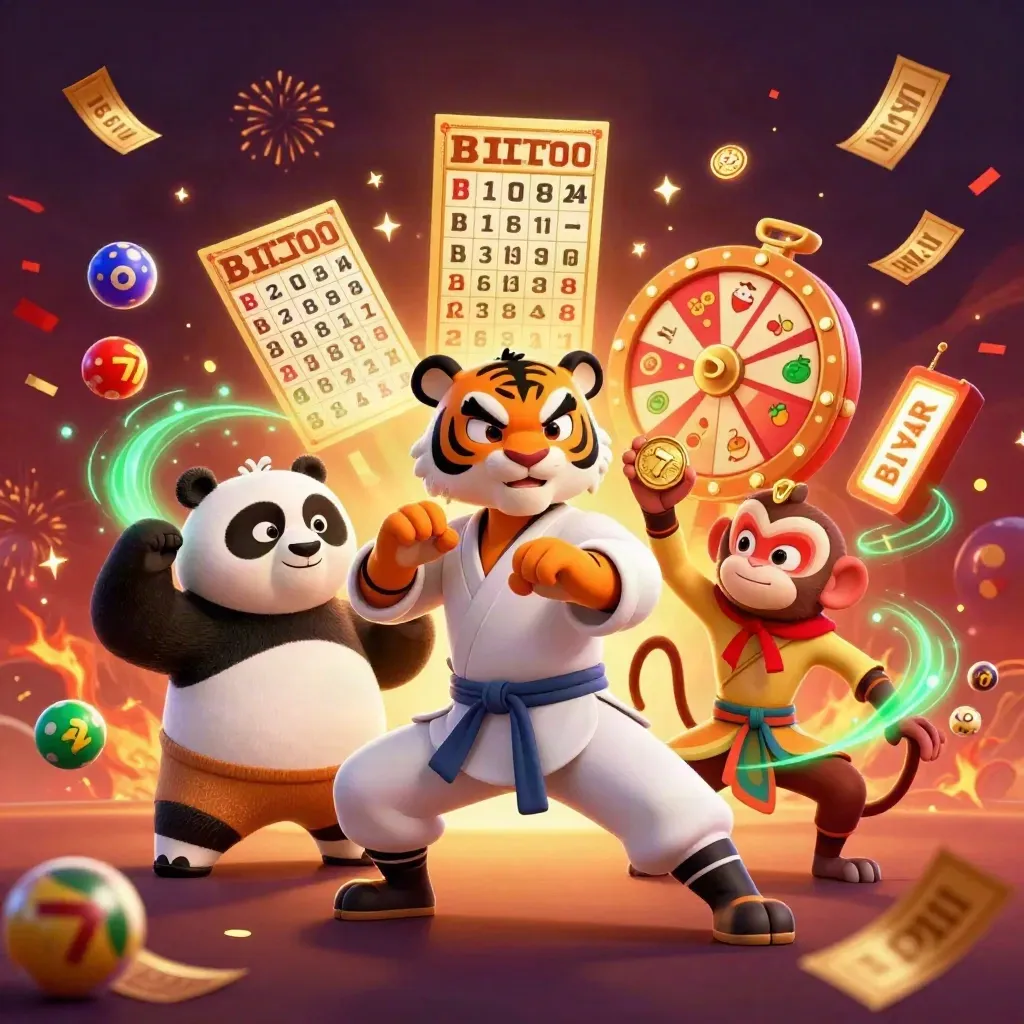 Kung-fu tiger, panda, and monkey amid casino bursts, glowing relics, and fireworks.