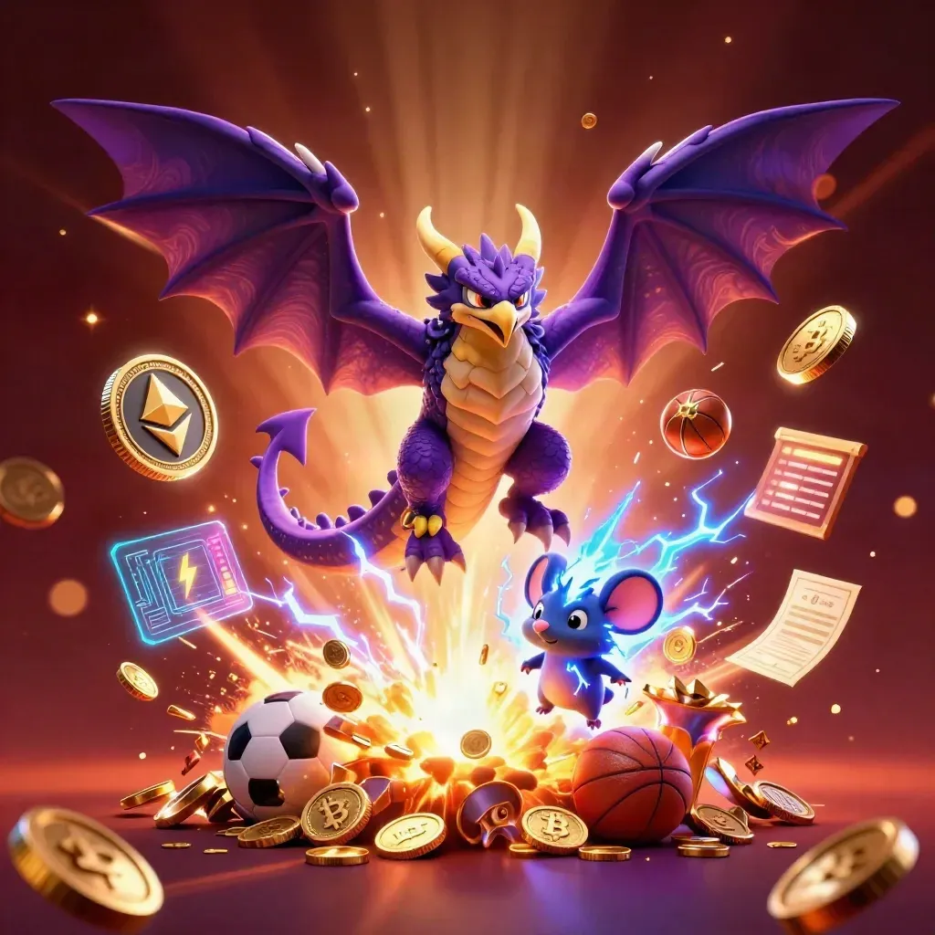 Thunder dragon, wind hawk, and mouse amid gold coins, sports props, and purple-gold fireworks.