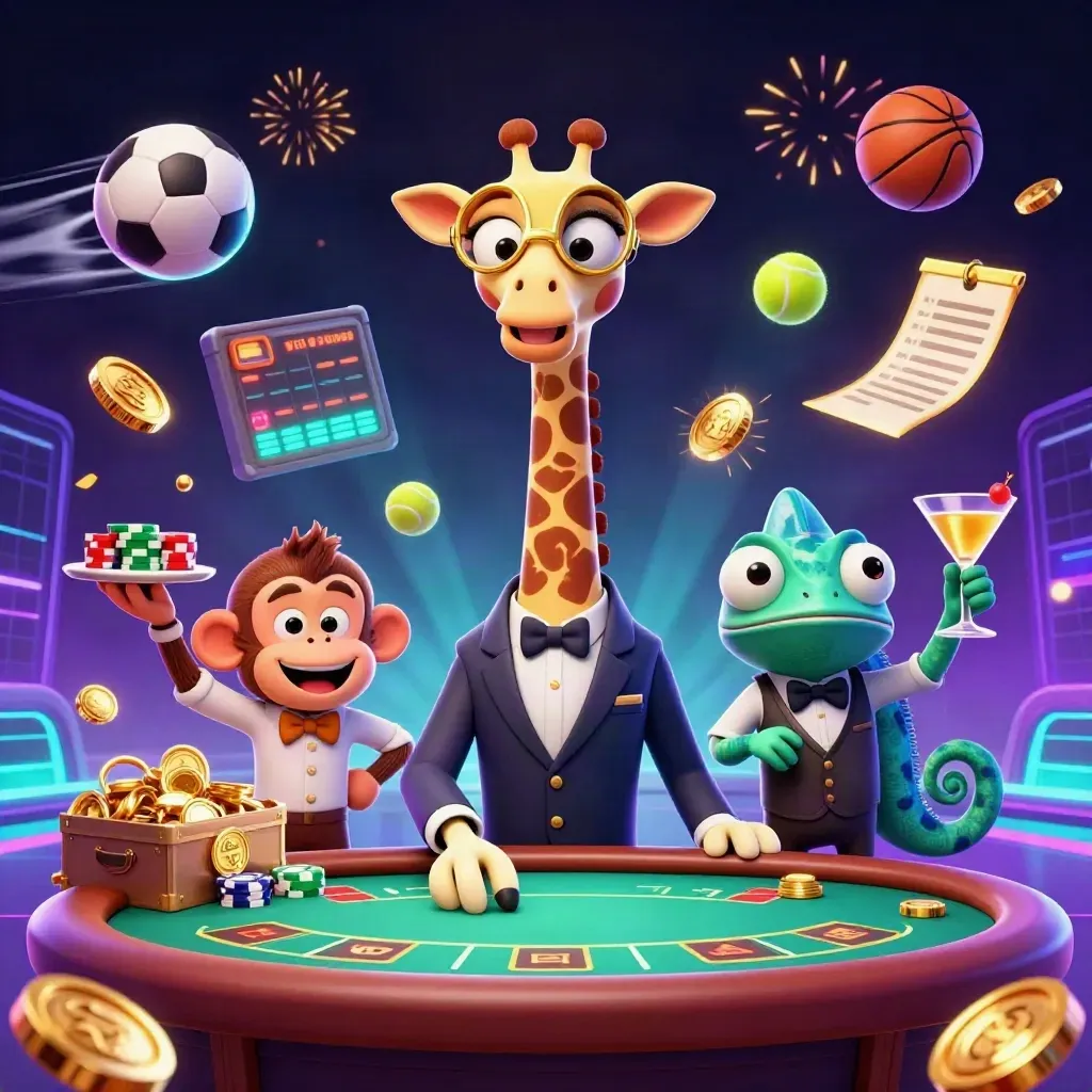 Suit-wearing giraffe, monkey valet, and chameleon bartender amid coins, balls, fireworks, and neon casino glow.