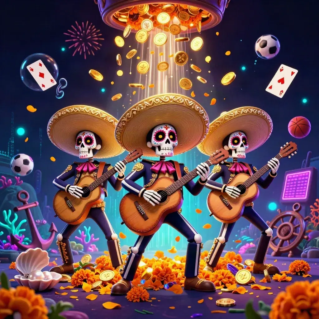3 skeleton mariachi heroes in a neon treasure cove with coins, coral, sports props, and fireworks.