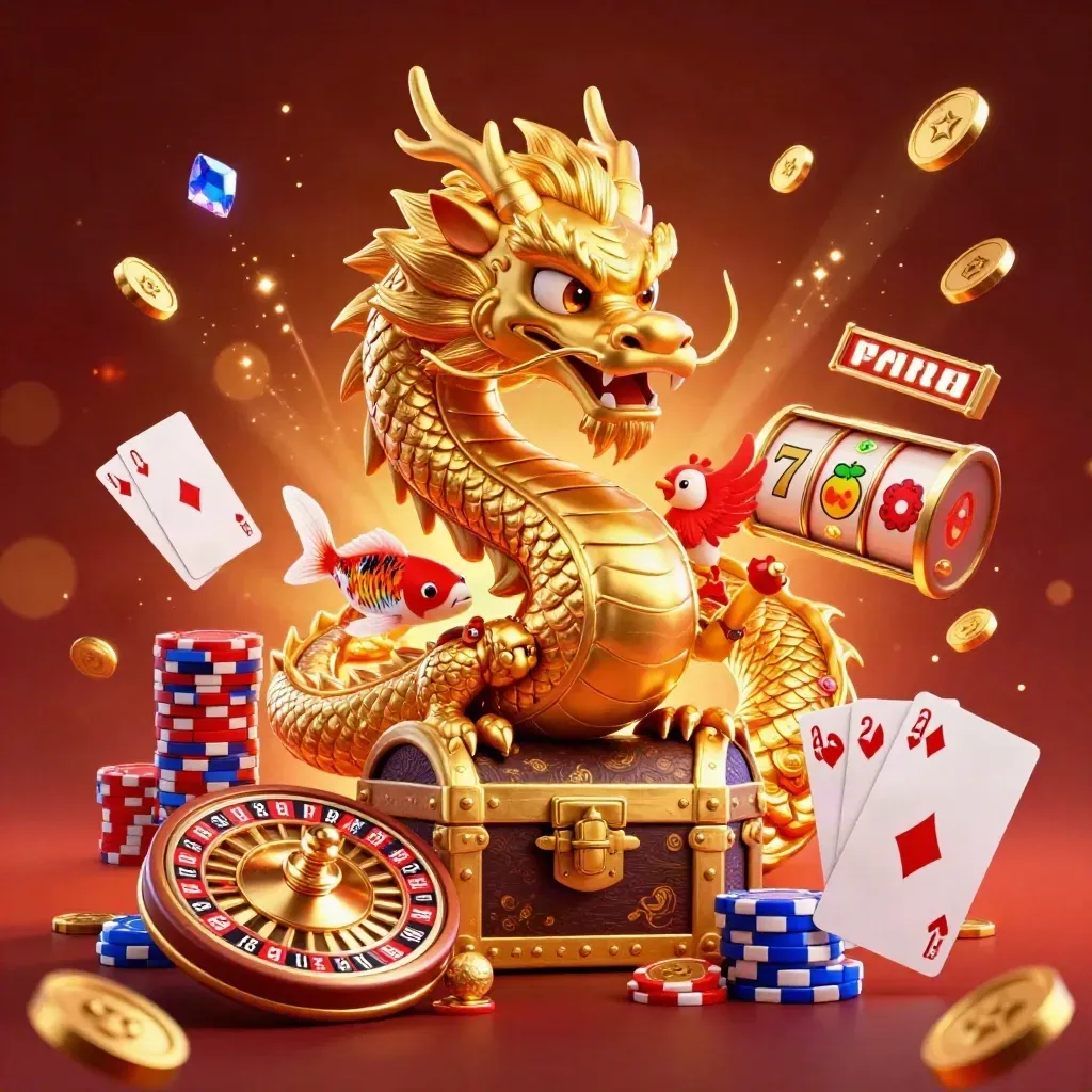 Golden dragon with phoenix and koi amid coins, cards, chips, and a spinning roulette wheel