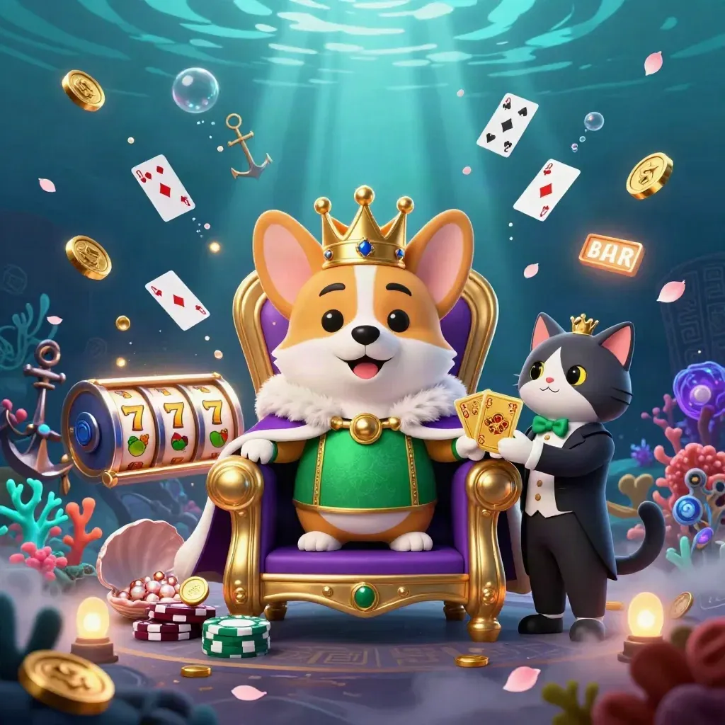 Royal corgi king and cat butler in an underwater casino treasure cove