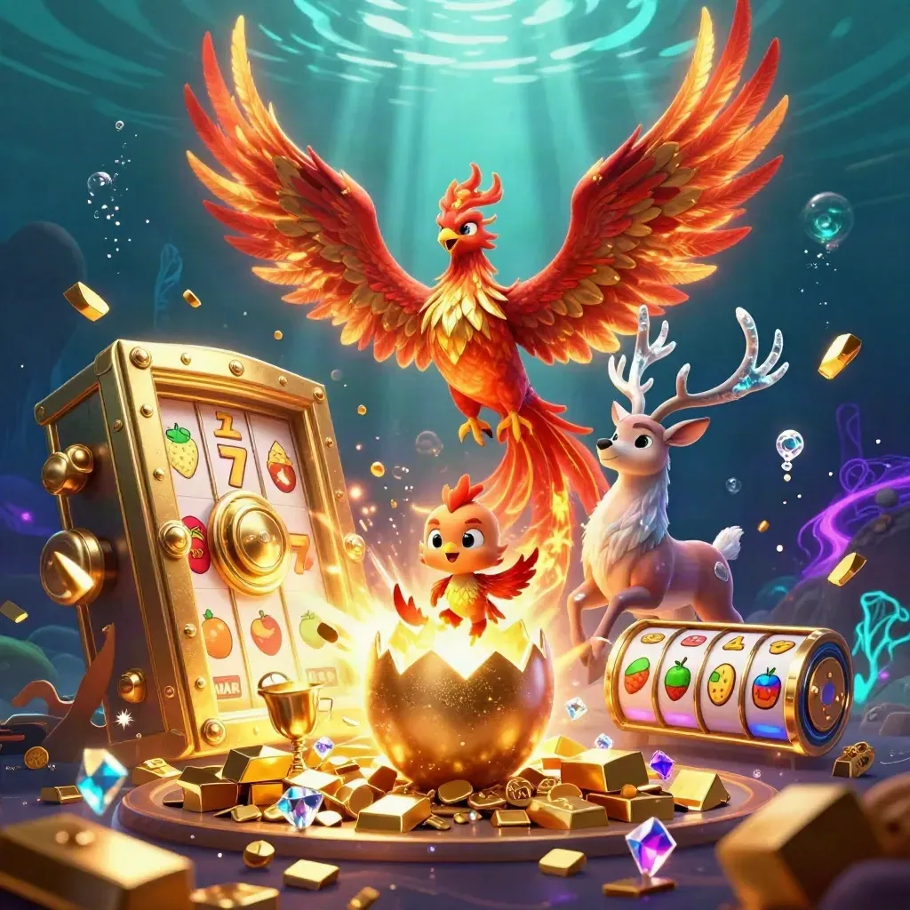 Fire phoenix, baby phoenix, and crystal stag amid treasure, gems, and glowing slot reels