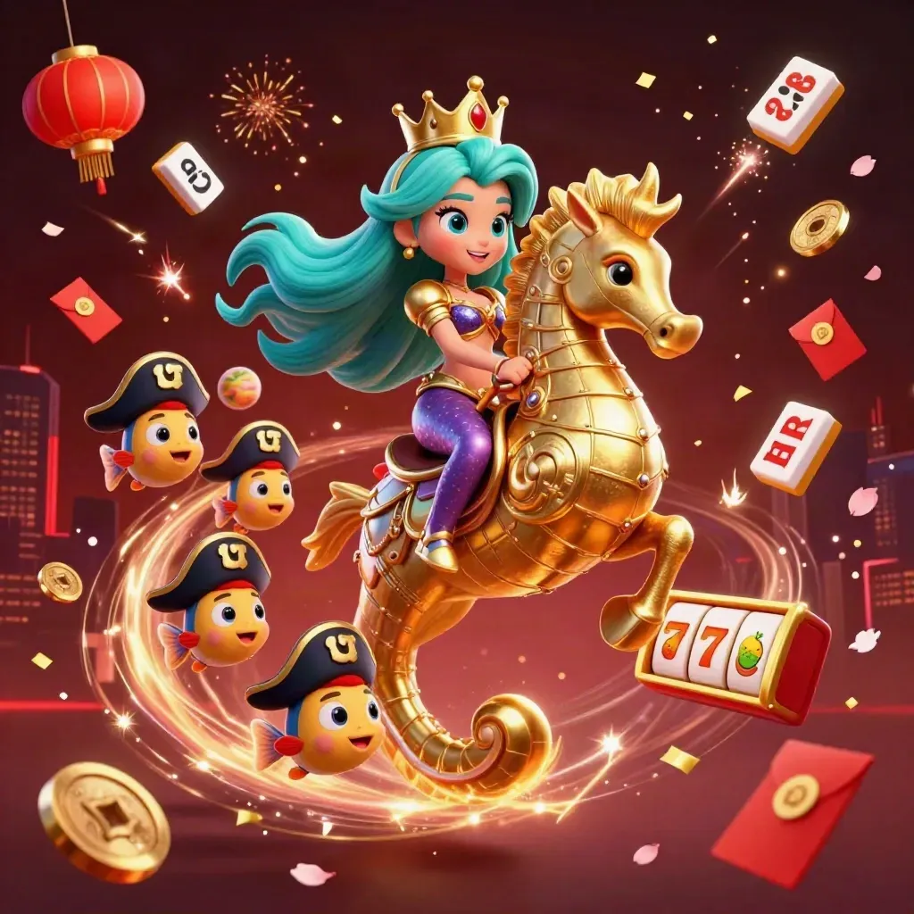 Mermaid princess rides golden seahorse amid lucky casino symbols and fireworks